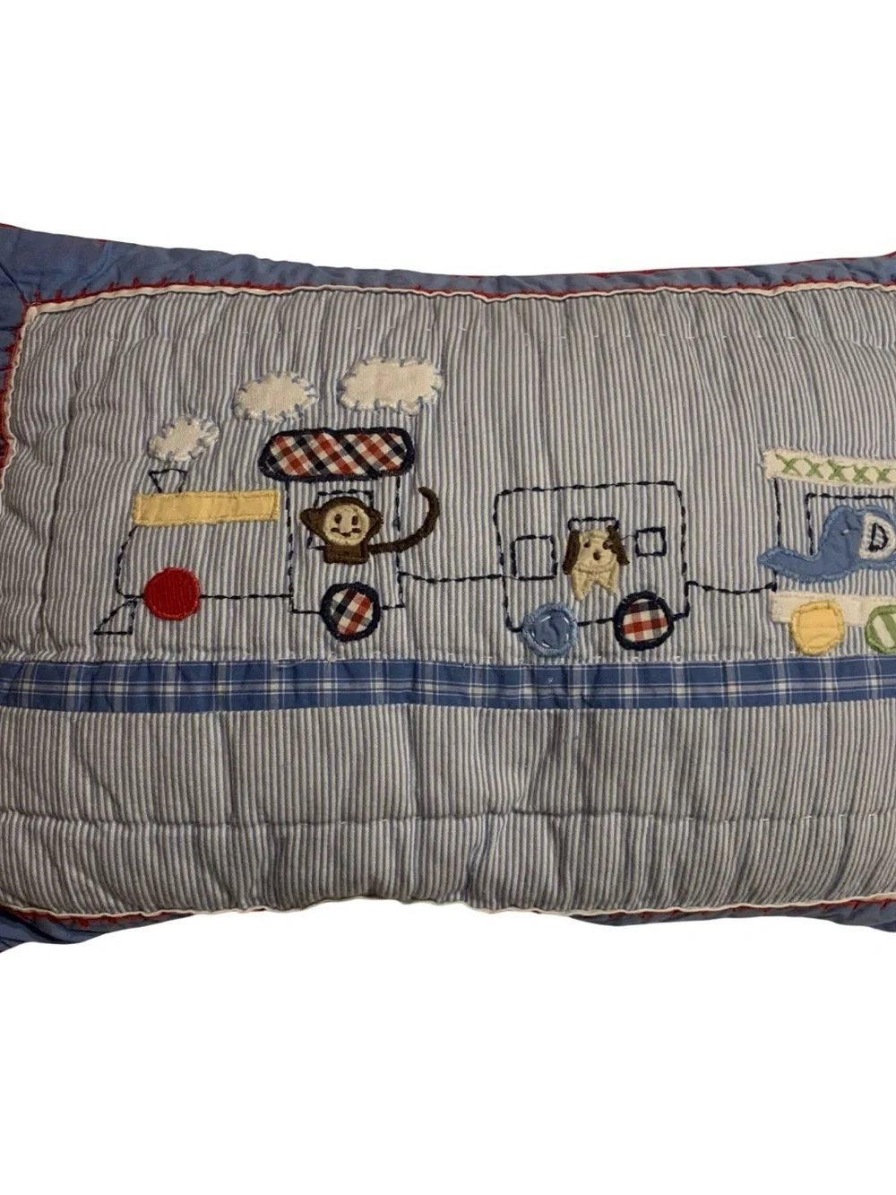 Pottery Barn Kids Toddler Quilt 36x50 Appliqué Trains Railroad Reverses Blue